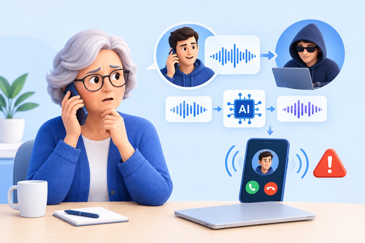 Worried older woman on a phone call while an AI tool turns a relative’s voice into a cloned scam call