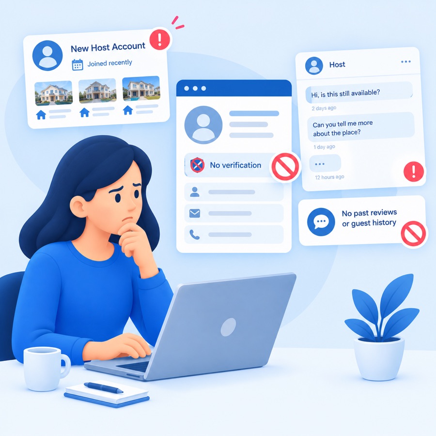 New, unverified host account with no past reviews or guest history