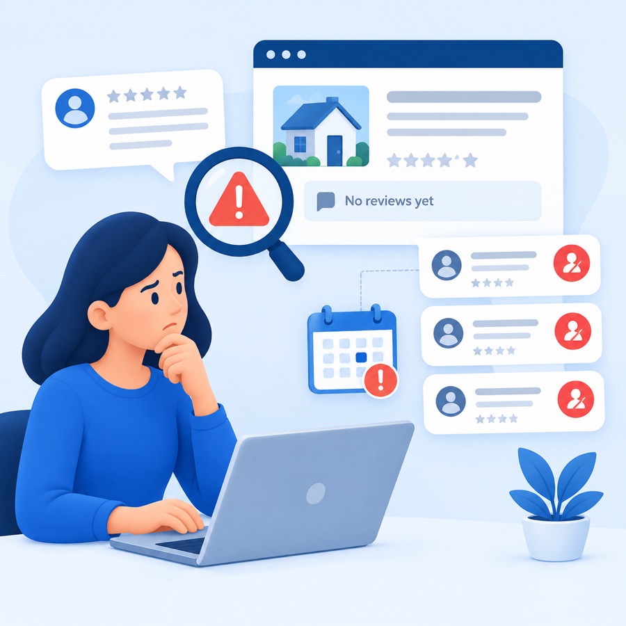 Woman checking a rental listing that has no reviews yet and several suspicious reviewer profiles