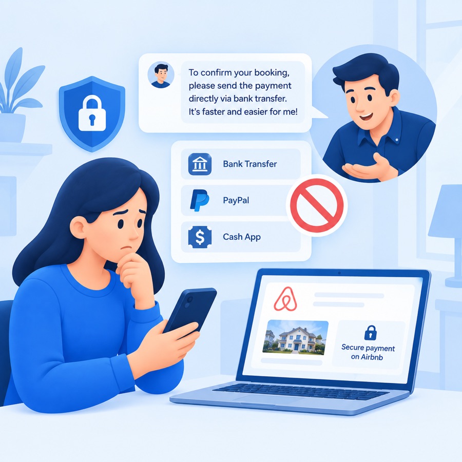 Host message asking for payment by bank transfer, PayPal or Cash App instead of secure payment on Airbnb