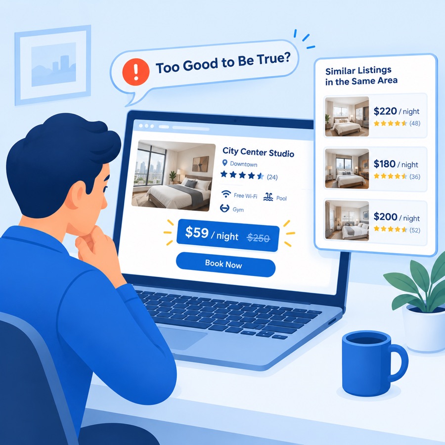 Man looking at a $59-a-night city studio listing priced far below similar listings in the same area