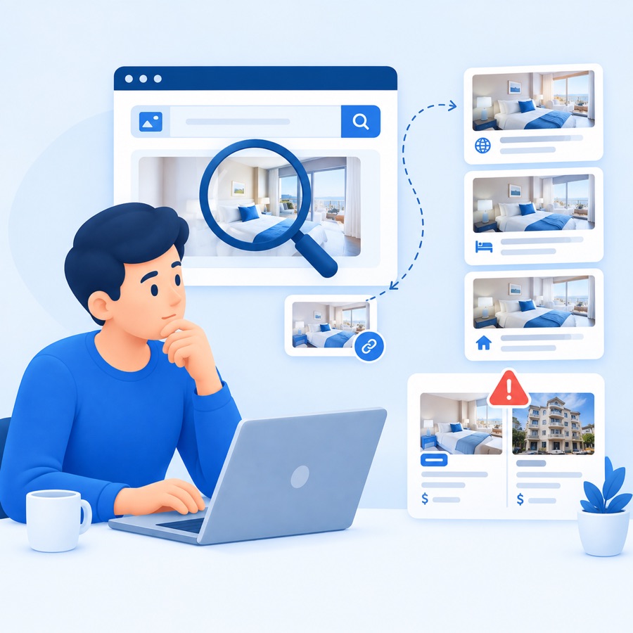 Man running a reverse image search that finds the same rental photos on several other websites