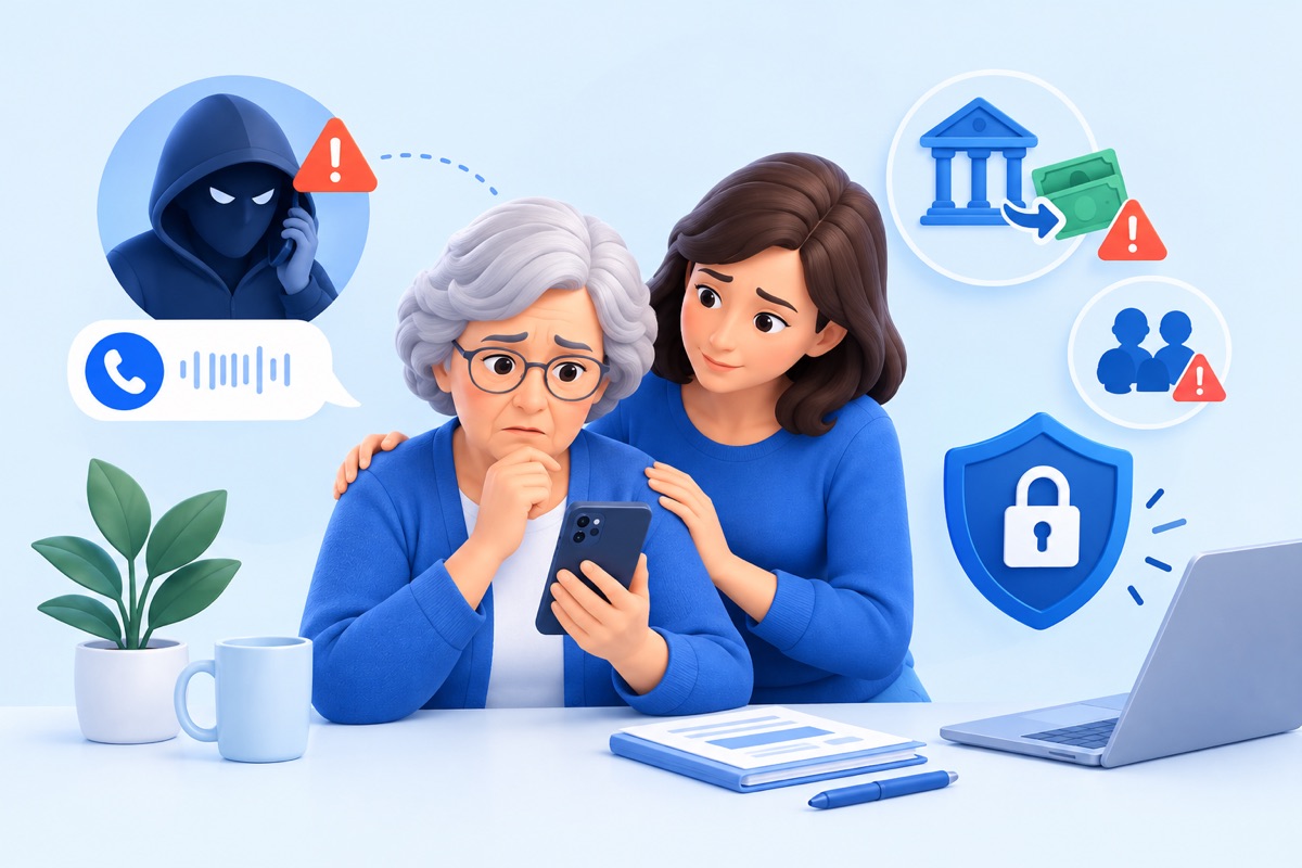 Daughter comforting her worried mother, who is holding a phone after a scam call asking for money