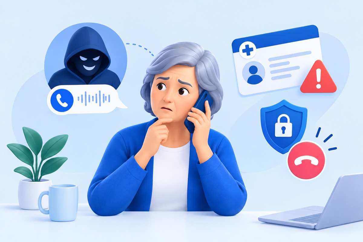 Worried older woman on a phone call from a hooded scammer, with a Medicare card warning and a hang-up button