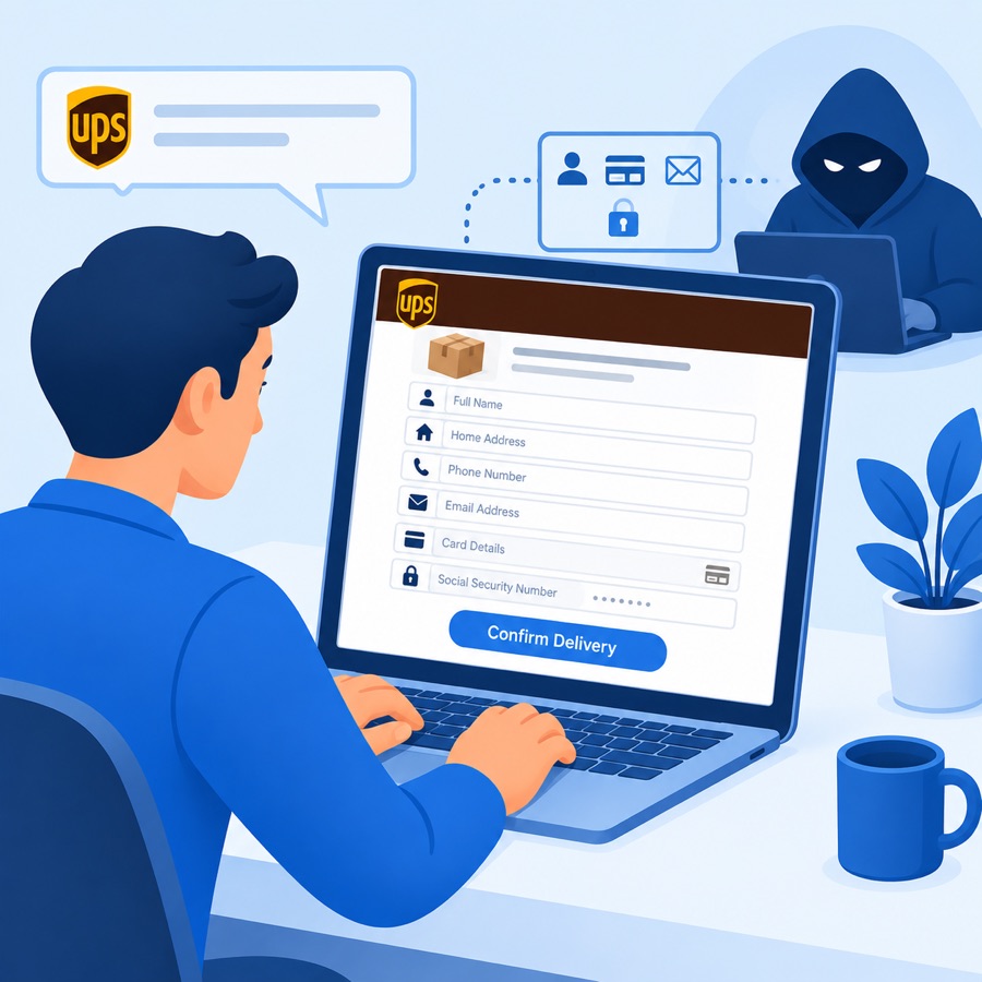 Fake UPS confirm-delivery form asking for name, address, phone, email, card details and Social Security number, sent to a scammer
