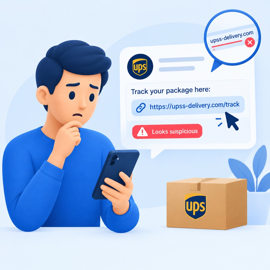UPS-branded text with a tracking link to the look-alike domain upss-delivery.com, flagged as suspicious