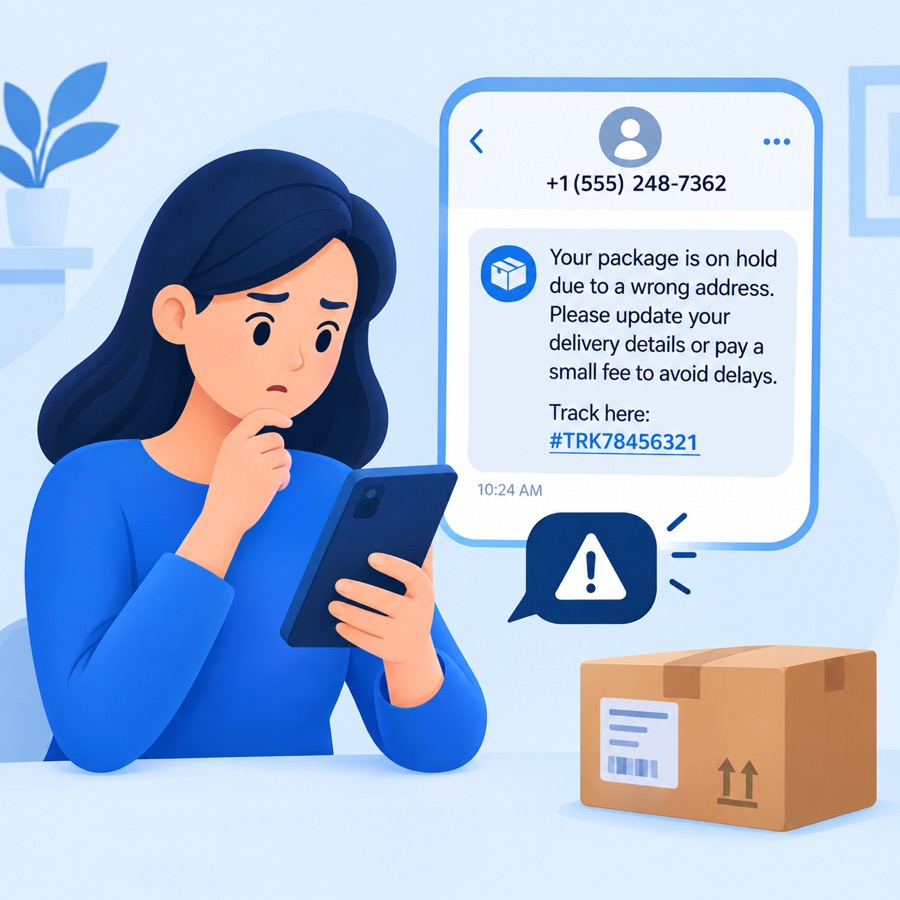 Woman reading a text from an unknown number saying her package is on hold due to a wrong address and asking for a small fee