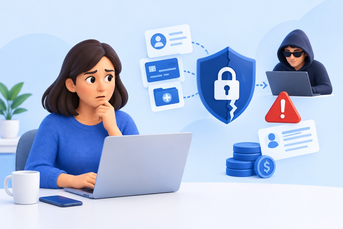 Worried woman at a laptop as her ID, card and medical records slip past a cracked security shield to a hacker